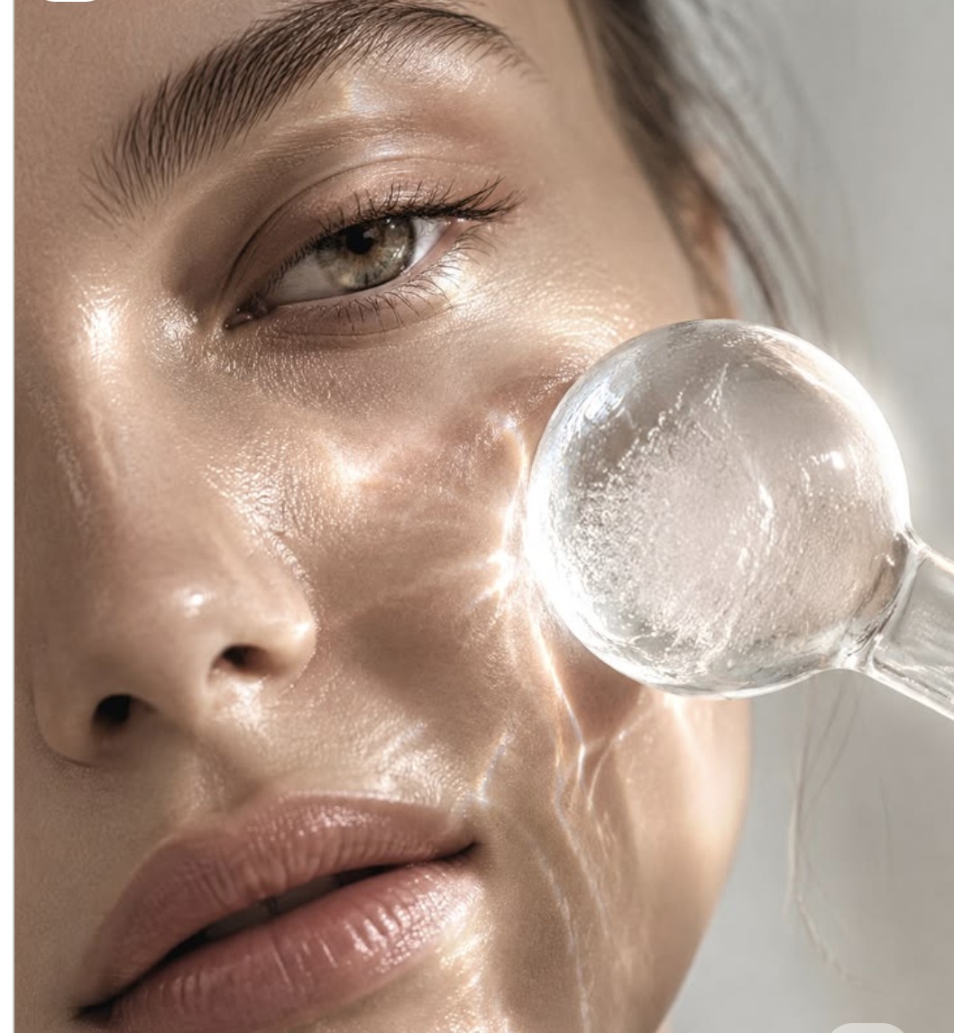 A luminous close-up — dewy skin met by a globe of glass. Bio-responsive skincare, worn.